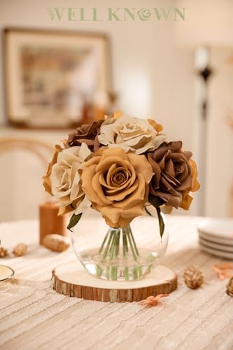 WELL KNOWN Silk Rose Coffee Brown Artificial Flowers Arrangements with Vase - Image 4