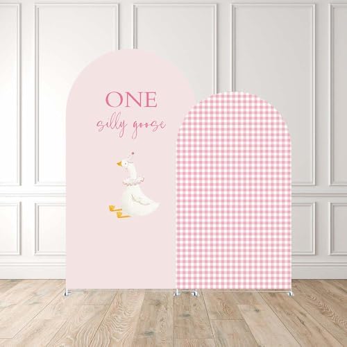 Set of 2 Arch Backdrop Covers One Silly Goose Baby Shower 2PCS Spandex Arch Stand Cover Plaids Girl Birthday Easter Party Banquets Decorations (7.2FT & 6.6FT,Pink) - Image 2