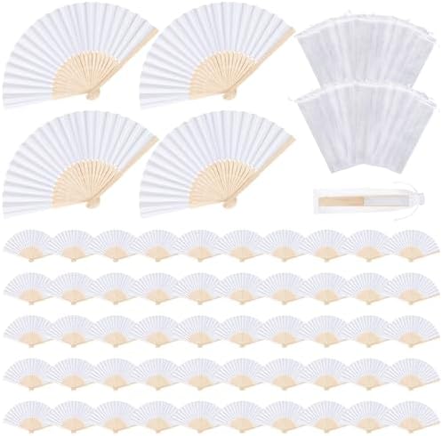 MCEAST 60 Pieces Wedding Handheld Paper Fans White Bamboo Folding Paper Fans with 60 Organza Bags Foldable Cool Wedding Favors Wedding Fans for Guests Party Favors DIY Decoration by MCEAST