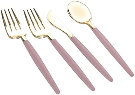 Luxe Party 128 Pieces Two Tone Plastic Disposable Cutlery | Forks-Spoons-Knives | Full Size | Chic Round | Mauve and Gold - Image 2