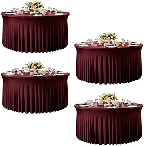 4 Pack 132 Inch Burgundy Round Tablecloth, Fitted Tablecloths for 6 FT Round Tables, Spandex Table Cover with Table Skirt for Wedding Photography Party Professional Events Juneteenth Decorations by Creativepartyuniquedecorat