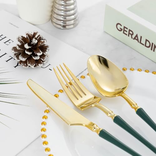 Lullaby 150PCS Heavy Duty Gold Plastic Silverware with Dark Green Handle - Image 5
