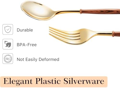 Lullaby 200PCS High End Gold Plastic Forks & Spoons with Wood Grain Handle - Image 3