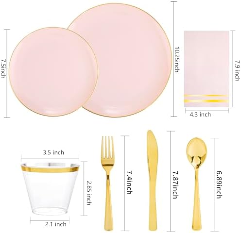 NOCCUR 350PCS Pink Plates Disposable - Pink Gold Plastic Dinnerware Set for 50 Guests Include 100 Dinner/Dessert Plates,150 Cutlery,50 Cups&50 Napkins - Ideal for Party/Wedding/Mother's Day - Image 2