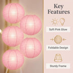 Pink Paper Lanterns Round Paper Lanterns Decorative Ball Lanterns Lamps for Weddings, Birthdays, Parties and Events 16-Inch 5 Packs (Light Pink) - Image 6