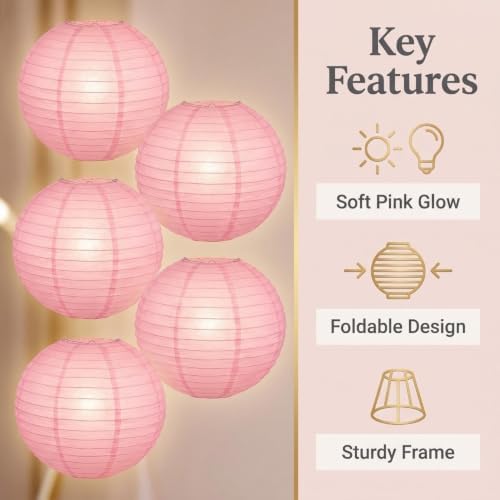 Pink Paper Lanterns Round Paper Lanterns Decorative Ball Lanterns Lamps for Weddings, Birthdays, Parties and Events 16-Inch 5 Packs (Light Pink) - Image 6