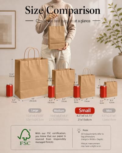 qiqee 600-Packs Brown Paper Gift Bags with Handles Bulk 8.3"x6"x3.15" Small Size Paper Bags Multiple Uses - Image 2