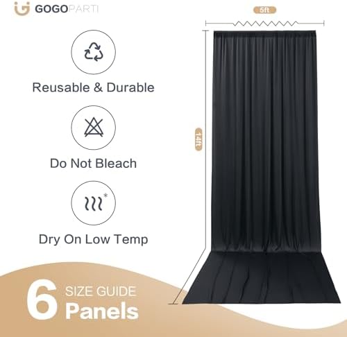30x14ft Black Backdrop Curtains for Wedding Party, 6 Panels 14 ft Long Back Drop Cloth, Wrinkle-Free Polyester Drapes for Birthday, Baby Shower, Stage Photography Background - Image 6