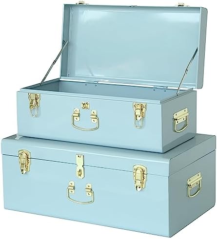 Vixdonos Metal Trunk Decorative Storage Box Set of 2 College Dorm Chest with Handle (Light Blue) by Vixdonos