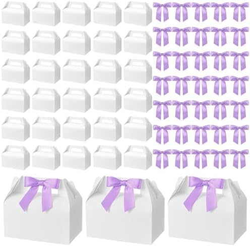 60 Pcs Bow Treat Boxes White Treat Gift Boxes with Satin Ribbon, Coquette Bow Themed Candy Box for Party Favor Snacks Cookie Wedding Birthday Bridal Baby Shower 6.4 x 3.6 x 3.2 Inches(Purple) by Unknown