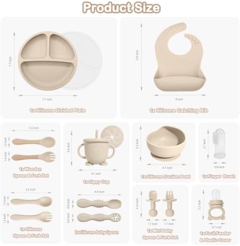 Silicone Baby Feeding Utensils Set for 6+ Months, 17 Pcs, Beige - Image 2