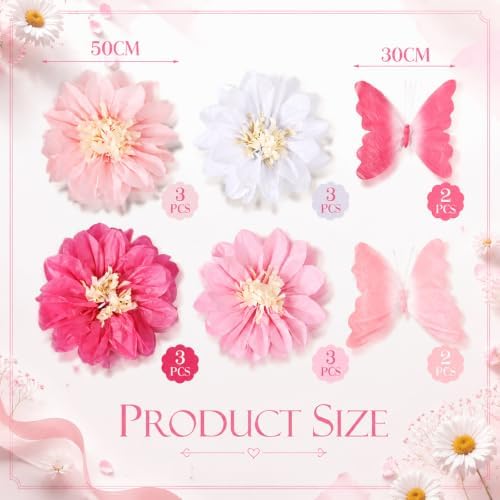 Havawish 16 Pcs Giant Pink Butterfly & Daisy Paper Flowers Hanging Set - Image 2