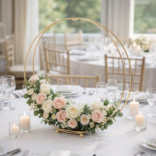 8 Pack 18 Inches Metal Double Floral Hoop Centerpieces with Stand and 38-Yard Paddle Wire Craft Centerpiece Table Decorations Wedding/Baptism/Party/Centerpiece DIY Metal Ring Table Décor, Gold - Image 5