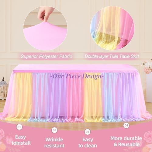 Wish Care 6 Pack Rainbow Tulle Tablecloth for 8 Foot Rectangle Tables Double Layer Tulle Tutu Skirt Unicorn Ruffle Pastel Table Cloth Stretch Fitted Table Covers for Girls Birthday Baby Shower Party - Image 4