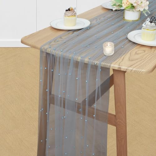 Set of 6 Pearl Table Runner 29 x 120 Inch Dusty Blue Tulle Fabric Lace Table Runners Boho Rustic Table Runners for Bridal Shower Birthday Party Wedding Arch Aisle Veil Dessert Table Decor(Dusty Blue) - Image 2