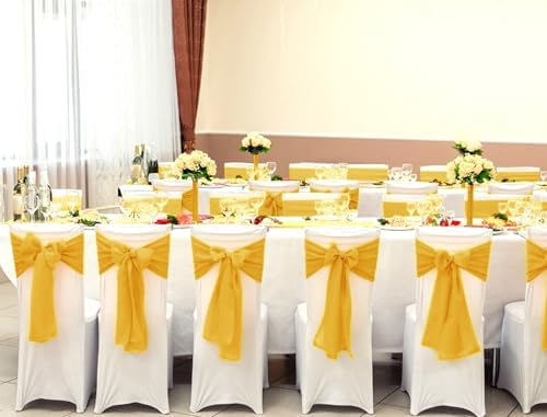 YMHPRIDE 60 PCS Gold Satin Chair Sashes, 7x108 Inch Ties Chair Bows - Image 6