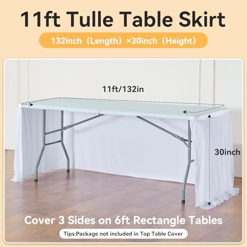132in White Tulle Table Skirts for Rectangle Tables 8/6/4ft, 2-Layer Gold Grim Ruffle Tulle Tutu Cloth Table Skirt 11ft Long for Wedding Birthday Party Baby Shower Cake Dessert Tables(No Table Cover) - Image 5