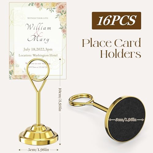 Urban Deco 16 Pieces Table Card Holder Place Card Holders 4 inches Steel Card Holders for Photos, Food Signs, Memo Notes, Weddings, Restaurants, Birthdays (Gold Round) - Image 2