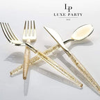 Luxe Party 128 Pieces Two Tone Plastic Disposable Cutlery | Forks-Spoons-Knives | Full Size | Chic Round | Glitter and Gold - Image 4