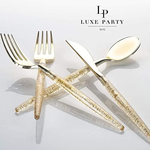 Luxe Party 128 Pieces Two Tone Plastic Disposable Cutlery | Forks-Spoons-Knives | Full Size | Chic Round | Glitter and Gold - Image 4