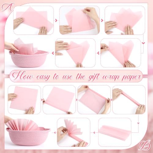 OBreezify 20 Sets Small Pink Woven Gift Basket with Handle, 12"x 8"x 5" Gift Baskets with Bags Pull Bows and Tissue Paper, Empty to Fill with Present Small Items for Baby Shower Nursery Storage - Image 5
