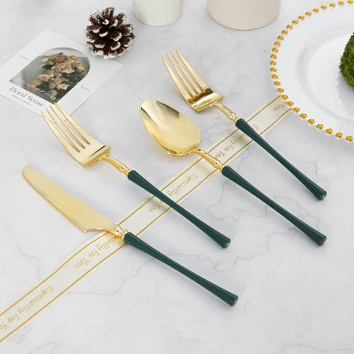 Lullaby 150PCS Heavy Duty Gold Plastic Silverware with Dark Green Handle - Image 7