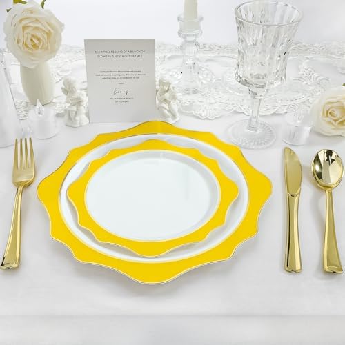 realluck 100Pcs White & Yellow Plastic Plates for 50 Guests - Image 6