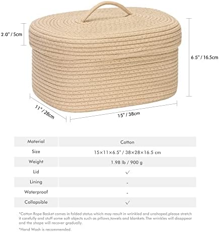 Sea Team Oval Storage Basket, Woven Cotton Rope Basket with Lid, Khaki - Image 4