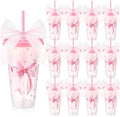 Willinglong 12 Pink Bow Cups with Lid Straw Galentines Party Favor 24 oz by Willinglong