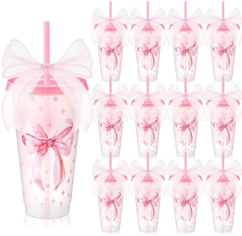 Willinglong 12 Pink Bow Cups with Lid Straw Galentines Party Favor 24 oz by Willinglong
