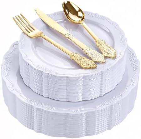 DaYammi 150Pcs White Plastic Plates & Gold Plastic Silverware Set for Party by DaYammiwillaccompanyyou