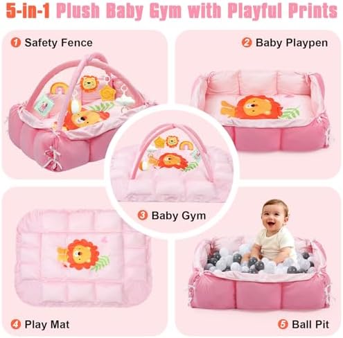 5-in-1 Tummy Time Mat Baby Activity Gym with Cartoon Pattern, Extra Thick Plush Play Floor Mat, Featuring Hanging Toys, Sensory Development Gym & Lovely Gift for Newborn Baby, Lion - Image 2