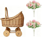HAOPAIXW 15.7" Wicker Baby Carriage for Baby Shower, Woven Rattan Stroller Basket with 2 Artificial Flower Bouquets, Vintage Floral Centerpiece Planter Gender Reveal Basket (Basket+Flower Bouquets) - Image 7