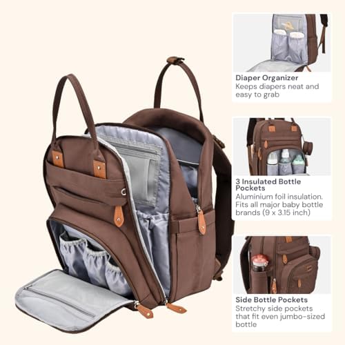 BabbleRoo Diaper Bag Backpack - Baby Essentials Travel Tote - Multi Function Water Resistant Diaper Bag, Travel Essentials Baby Bag with Changing Pad, Stroller Straps & Pacifier Case - Unisex, Brown - Image 4