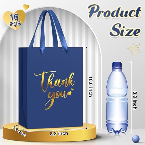 Kolldenn 16 Pcs Thank You Gift Bags Thank You Paper Bags with Handle Wrap Bags Bulk Totes for Birthdays Business Wedding Baby Shower Party Favors(11.81 x 9.84 x 3.94 Inches,Navy Blue) - Image 3