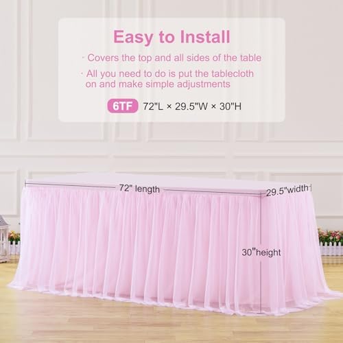 Pink Table Cloths for Parties Light Pink Tulle Tablecloth Rectangle, Pink Tulle Table Skirt Rectangle Table 6ft Fitted Table Covers Stretch Elastic Banquet Party Baby Shower Wedding Table Cloth 6 Foot - Image 4