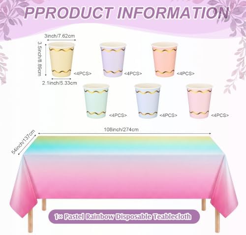 Yungyan 97 Pcs 24 Set Pastel Party Supplies, Gradient Rainbow Party Plates and Napkins Set with Tablecloth, Disposable Handle Teacups and Saucers for Birthday Wedding Bridal Shower Decorations - Image 3