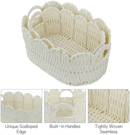 Set of 2 Paper Rope Scalloped Baskets, Small Baskets for Gifts, Beige - Image 7