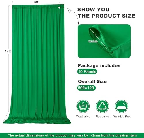 gogoparti 50ft x 12ft Green Wrinkle-Free Backdrop Curtain for Wedding Parties, Thick Polyester 10 Panels 5x12ft for Wedding Birthday Baby Shower Halloween Photography Party Background - Image 6