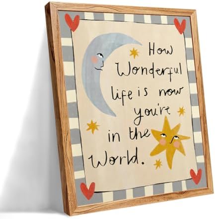 Framed Colorful Kids Quotes Motivational Wall Art 08x10 inch HOW WONDERFUL LIFE IS NOW YOU'RE IN THE WORLD Poster Cute Moon And Stars Canvas Prints Nursery Classroom Wall Decor by Medpol