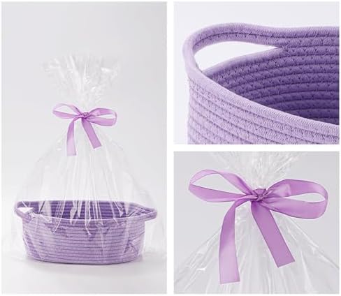 5 Pack Small Woven Cotton Rope Storage Basket with Gifts Bag and Ribbons, Natural Decorative Organizer Bin with Handles for Nursery, Living Room, Closet, Shelf, White - Image 3