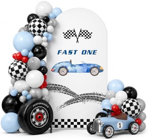 Arch Backdrop Cover for Fast ONE Racing Car Birthday Party Arch Spandex Fabric Cover Checkered Tire Track Car Kids Boys Baby Shower Parties Decors (4374,2.6x6ft) by HISDH
