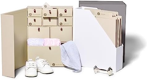 Savor I Baby Deluxe Box | Acid-Free Newborn Keepsake & Memory Organizer with 52 Labels, 9 Drawers, 8 File Folders | Gift for Pregnancy, Gift for Mom & Baby Shower, Grey, Adelaide Font by Savor