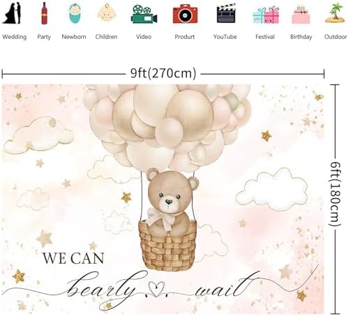 9x6FT Baby Shower Backdrop We Can Bearly Wait Brown Bear Hot Air Balloon Photography Background Newborn Baby Shower Party Decorations Banner Photo Booth Props - Image 2