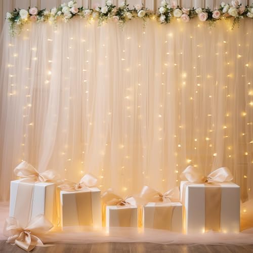 30×10ft Champagne Tulle Backdrop Curtain with Lights String for Parites, Sheer Photo Backdrop Curtains for Wedding Party Photography Background - Image 2