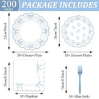 200Pcs Blue Bow Baby Shower Party Decorations Bowknot Birthday Tableware Dinnerware Set Scalloped Paper Disposable Plates Napkins for Baby Shower Bachelorette Engagement Party Supplies Serves 50 Guest - Image 2