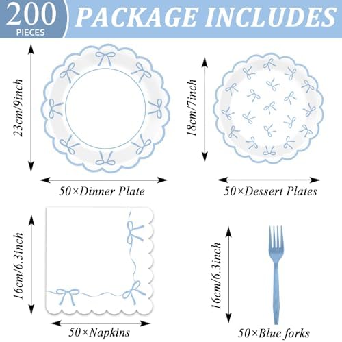200Pcs Blue Bow Baby Shower Party Decorations Bowknot Birthday Tableware Dinnerware Set Scalloped Paper Disposable Plates Napkins for Baby Shower Bachelorette Engagement Party Supplies Serves 50 Guest - Image 2