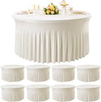 8 Pack Ivory Spandex Round Tablecloths for 72 inch Table, Wrinkle Free 132inch Stretchy Fitted Table Cloths 6ft Round Tablecovers with Skirt for Wedding Birthday Parties Banquet Events by Htper