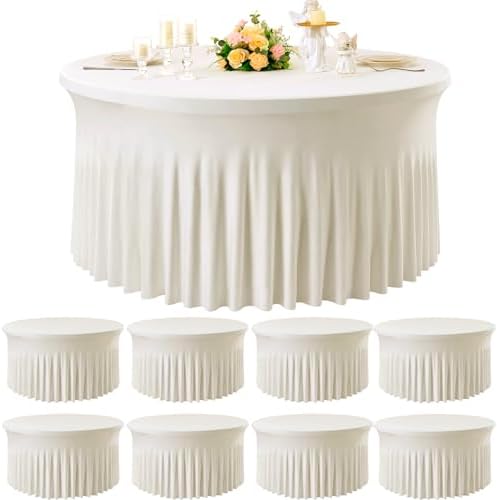 8 Pack Ivory Spandex Round Tablecloths for 72 inch Table, Wrinkle Free 132inch Stretchy Fitted Table Cloths 6ft Round Tablecovers with Skirt for Wedding Birthday Parties Banquet Events by Htper