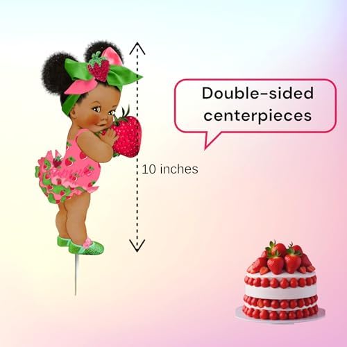 Strawberry Theme Baby Shower/Birthday Centerpieces, 10 inches, Cardstock Paper, Double Sided, Lollipop Stick Attached (5, African American) - Image 2